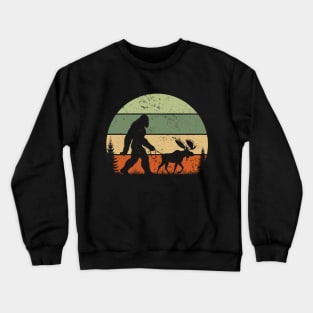 Vintage Bigfoot Walking a Moose Retro Sunset Outdoor Crewneck Sweatshirt